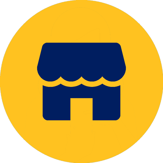 Online storefront icon in Bentonville Blue against a circlular background in Spark Yellow