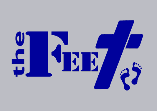 Beautiful Feet Ministries logo: a bold blue typographic design on a light gray background. The word "the" appears vertically beside a large stylized word "Feet," with a cross-like symbol for the T. Two small footprints are placed near the bottom right.