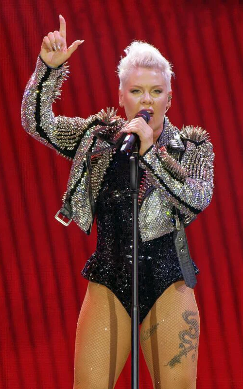 Grammy winner P!NK performs on stage in front of a red backdrop, with her hand pointing upward.