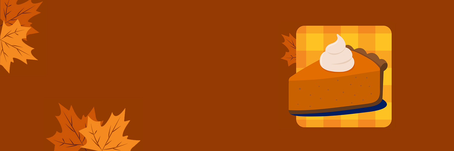 Illustration of a pumpkin pie slice topped with whipped cream, set against a warm orange background with autumn leaves. The pie rests on a yellow plaid surface, evoking a cozy fall atmosphere. The visuals emphasize seasonal themes and comforting desserts.