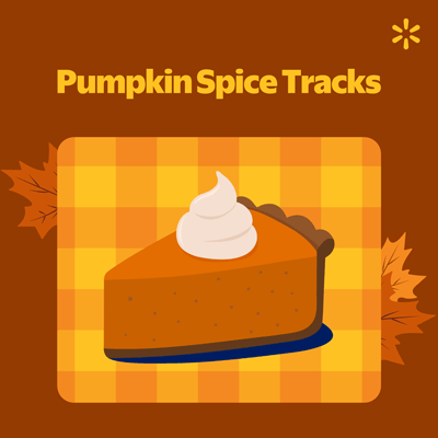 Illustration of a pumpkin pie slice topped with whipped cream, set against a checkered orange background. Autumn leaves frame the image, emphasizing a seasonal theme. The text 'Pumpkin Spice Tracks' is prominently displayed above the pie.